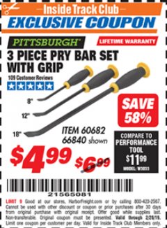 Harbor Freight ITC Coupon 3 PIECE PRY BAR SET WITH GRIP Lot No. 60682/66840 Expired: 2/28/19 - $4.99