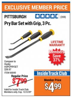 Harbor Freight ITC Coupon 3 PIECE PRY BAR SET WITH GRIP Lot No. 60682/66840 Expired: 12/3/20 - $4.99