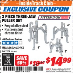 Harbor Freight ITC Coupon 3 PIECE, THREE-JAW PULLER SET Lot No. 8832/69105 Expired: 2/29/20 - $14.99