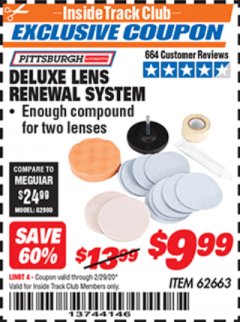 Harbor Freight ITC Coupon PITTSBURGH DELUXE LENS RENEWAL SYSTEM Lot No. 62663 Expired: 2/29/20 - $9.99