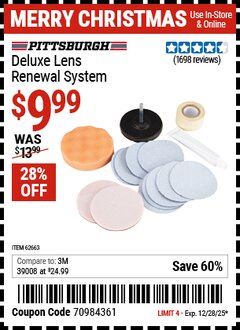 Harbor Freight Coupon PITTSBURGH AUTOMOTIVE DELUXE LENS RENEWAL SYSTEM Lot No. 62663 Valid Thru: 12/28/25 - $9.99
