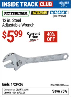 Harbor Freight ITC Coupon PITTSBURGH 12 IN. STEEL ADJUSTABLE WRENCH Lot No. 65802 Valid Thru: 1/29/26 - $5.99