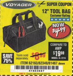 Harbor Freight Coupon 12" TOOL BAG Lot No. 61467/62163/62349 Expired: 5/22/18 - $4.99