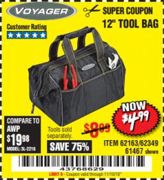 Harbor Freight Coupon 12" TOOL BAG Lot No. 61467/62163/62349 Expired: 11/10/18 - $4.99