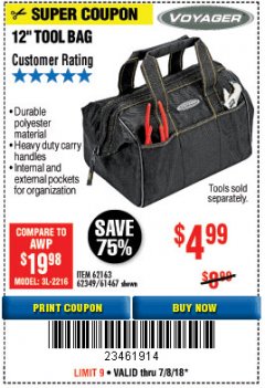 Harbor Freight Coupon 12" TOOL BAG Lot No. 61467/62163/62349 Expired: 7/8/18 - $4.99