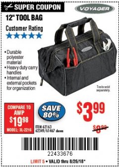 Harbor Freight Coupon 12" TOOL BAG Lot No. 61467/62163/62349 Expired: 8/26/18 - $3.99