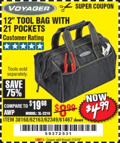 Harbor Freight Coupon 12" TOOL BAG Lot No. 61467/62163/62349 Expired: 7/14/19 - $4.99