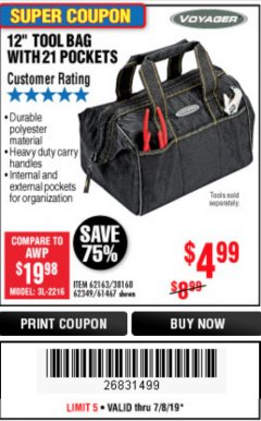 Harbor Freight Coupon 12" TOOL BAG Lot No. 61467/62163/62349 Expired: 7/7/19 - $4.99