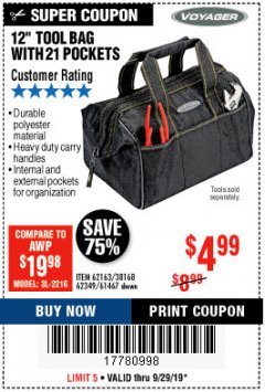 Harbor Freight Coupon 12" TOOL BAG Lot No. 61467/62163/62349 Expired: 9/29/19 - $4.99