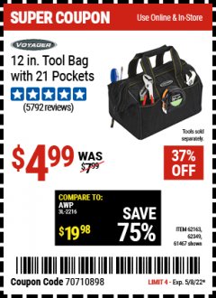 Harbor Freight Coupon 12" TOOL BAG Lot No. 61467/62163/62349 Expired: 5/8/22 - $4.99
