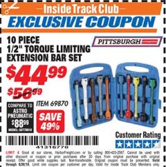 Harbor Freight ITC Coupon PITTSBURGH AUTOMOTIVE 1/2 IN. TORQUE LIMITING EXTENSION BAR SET, 10-PIECE Lot No. 69870 Expired: 6/30/18 - $44.99