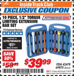 Harbor Freight ITC Coupon PITTSBURGH AUTOMOTIVE 1/2 IN. TORQUE LIMITING EXTENSION BAR SET, 10-PIECE Lot No. 69870 Expired: 11/30/19 - $39.99
