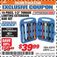 Harbor Freight ITC Coupon PITTSBURGH AUTOMOTIVE 1/2 IN. TORQUE LIMITING EXTENSION BAR SET, 10-PIECE Lot No. 69870 Expired: 4/30/20 - $39.99