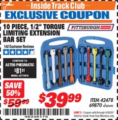 Harbor Freight ITC Coupon 10 PIECE 1/2" DRIVE TORQUE LIMITING EXTENSION BAR SET Lot No. 69870 Expired: 4/30/20 - $39.99