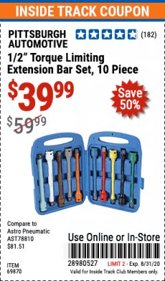 Harbor Freight ITC Coupon PITTSBURGH AUTOMOTIVE 1/2 IN. TORQUE LIMITING EXTENSION BAR SET, 10-PIECE Lot No. 69870 Expired: 8/31/20 - $39.99