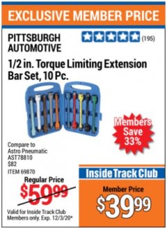 Harbor Freight ITC Coupon PITTSBURGH AUTOMOTIVE 1/2 IN. TORQUE LIMITING EXTENSION BAR SET, 10-PIECE Lot No. 69870 Expired: 12/3/20 - $39.99