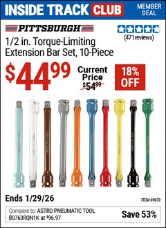 Harbor Freight ITC Coupon PITTSBURGH 1/2 IN. TORQUE LIMITING EXTENSION BAR SET, 10 PIECE Lot No. 69870 Valid Thru: 1/29/26 - $44.99