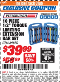 Harbor Freight ITC Coupon 10 PIECE 1/2" DRIVE TORQUE LIMITING EXTENSION BAR SET Lot No. 69870 Expired: 4/30/19 - $39.99