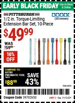 Harbor Freight Coupon PITTSBURGH AUTOMOTIVE 1/2 IN. TORQUE LIMITING EXTENSION BAR SET, 10-PIECE Lot No. 69870 Expired: 11/12/23 - $49.99