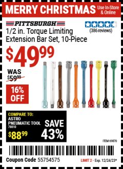 Harbor Freight Coupon PITTSBURGH AUTOMOTIVE 1/2 IN. TORQUE LIMITING EXTENSION BAR SET, 10-PIECE Lot No. 69870 Expired: 12/11/23 - $49.99