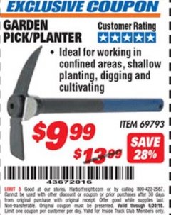 Harbor Freight ITC Coupon GARDEN PICK/PLANTER Lot No. 69793 Expired: 6/30/18 - $9.99