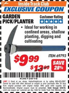 Harbor Freight ITC Coupon GARDEN PICK/PLANTER Lot No. 69793 Expired: 6/30/18 - $9.99