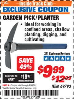 Harbor Freight ITC Coupon GARDEN PICK/PLANTER Lot No. 69793 Expired: 6/30/20 - $9.99