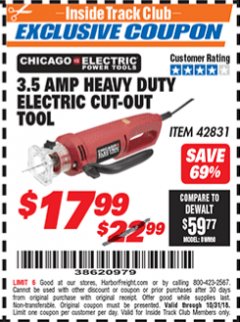 Harbor Freight ITC Coupon 3.5 AMP HEAVY DUTY ELECTRIC CUTOUT TOOL Lot No. 42831 Expired: 10/31/18 - $17.99
