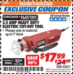 Harbor Freight ITC Coupon 3.5 AMP HEAVY DUTY ELECTRIC CUTOUT TOOL Lot No. 42831 Expired: 12/31/19 - $17.99