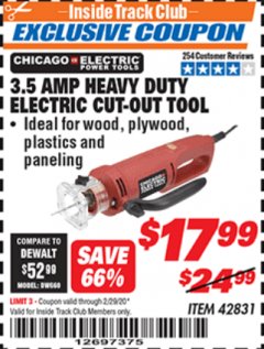 Harbor Freight ITC Coupon 3.5 AMP HEAVY DUTY ELECTRIC CUTOUT TOOL Lot No. 42831 Expired: 2/29/20 - $17.99