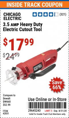 Harbor Freight ITC Coupon 3.5 AMP HEAVY DUTY ELECTRIC CUTOUT TOOL Lot No. 42831 Expired: 8/31/20 - $17.99