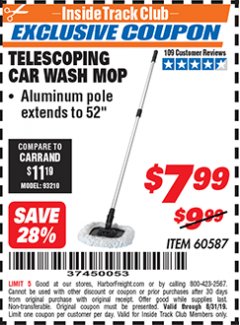 Harbor Freight ITC Coupon TELESCOPING CAR WASH MOP Lot No. 60587 Expired: 8/31/19 - $7.99