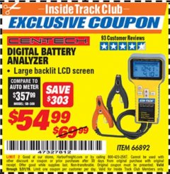 Harbor Freight ITC Coupon DIGITAL AUTOMOTIVE BATTERY ANALYZER Lot No. 66892 Expired: 5/31/19 - $54.99