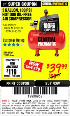 Harbor Freight ITC Coupon 3 GALLON 100 PSI OILLESS HOT DOG STYLE AIR COMPRESSOR Lot No. 97080/69269 Expired: 1/10/19 - $39.99