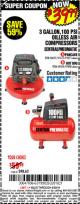 Harbor Freight Coupon 3 GALLON 100 PSI OILLESS HOT DOG STYLE AIR COMPRESSOR Lot No. 97080/69269 Expired: 9/30/16 - $39.99