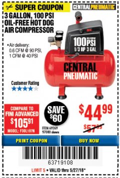 Harbor Freight Coupon 3 GALLON 100 PSI OILLESS HOT DOG STYLE AIR COMPRESSOR Lot No. 97080/69269 Expired: 5/27/18 - $44.99