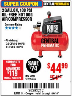Harbor Freight Coupon 3 GALLON 100 PSI OILLESS HOT DOG STYLE AIR COMPRESSOR Lot No. 97080/69269 Expired: 8/6/18 - $44.99