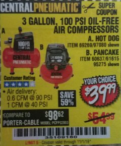Harbor Freight Coupon 3 GALLON 100 PSI OILLESS HOT DOG STYLE AIR COMPRESSOR Lot No. 97080/69269 Expired: 11/1/18 - $39.99