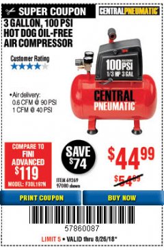 Harbor Freight Coupon 3 GALLON 100 PSI OILLESS HOT DOG STYLE AIR COMPRESSOR Lot No. 97080/69269 Expired: 8/26/18 - $44.99