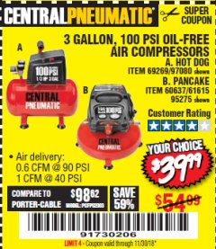 Harbor Freight Coupon 3 GALLON 100 PSI OILLESS HOT DOG STYLE AIR COMPRESSOR Lot No. 97080/69269 Expired: 11/30/18 - $39.99