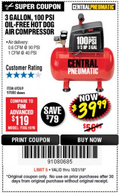 Harbor Freight Coupon 3 GALLON 100 PSI OILLESS HOT DOG STYLE AIR COMPRESSOR Lot No. 97080/69269 Expired: 10/21/18 - $39.99
