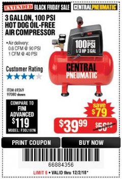 Harbor Freight Coupon 3 GALLON 100 PSI OILLESS HOT DOG STYLE AIR COMPRESSOR Lot No. 97080/69269 Expired: 12/2/18 - $39.99
