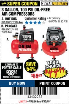 Harbor Freight Coupon 3 GALLON 100 PSI OILLESS HOT DOG STYLE AIR COMPRESSOR Lot No. 97080/69269 Expired: 9/30/19 - $44.99