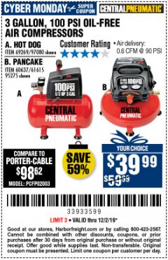 Harbor Freight Coupon 3 GALLON 100 PSI OILLESS HOT DOG STYLE AIR COMPRESSOR Lot No. 97080/69269 Expired: 12/2/19 - $39.99
