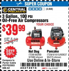 Harbor Freight Coupon 3 GALLON 100 PSI OILLESS HOT DOG STYLE AIR COMPRESSOR Lot No. 97080/69269 Expired: 8/16/20 - $39.99