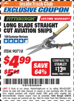Harbor Freight ITC Coupon LONG BLADE AVIATION SNIPS Lot No. 90718/90719/90720 Expired: 4/30/19 - $4.99