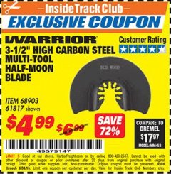 Harbor Freight ITC Coupon 3-1/2" HIGH CARBON STEEL MULTI-TOOL HALF-MOON BLADE Lot No. 61817/68903 Expired: 6/30/18 - $4.99