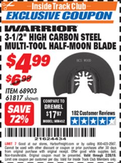 Harbor Freight ITC Coupon 3-1/2" HIGH CARBON STEEL MULTI-TOOL HALF-MOON BLADE Lot No. 61817/68903 Expired: 2/28/19 - $4.99