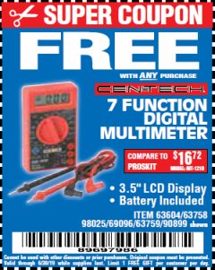 Harbor Freight FREE Coupon 7 FUNCTION DIGITAL MULTIMETER Lot No. 30756 Expired: 6/30/19 - FWP