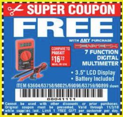 Harbor Freight FREE Coupon 7 FUNCTION DIGITAL MULTIMETER Lot No. 30756 Expired: 11/3/18 - FWP